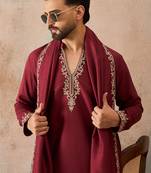 Mens maroon silk blend solid embroidered kurta with dupatta