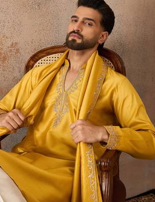 Mens yellow silk blend solid embroidered kurta with dupatta 1