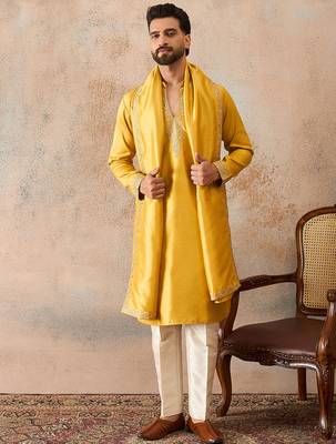 Mens yellow silk blend solid embroidered kurta with dupatta 2