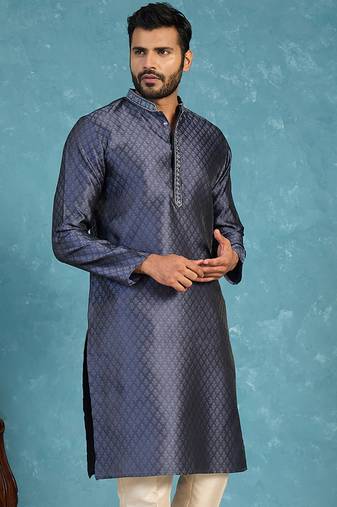 Mens blue jacquard woven design straight kurta with trouser