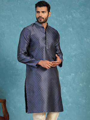 Mens blue jacquard woven design straight kurta with trouser 1
