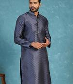 Mens blue jacquard woven design straight kurta with trouser