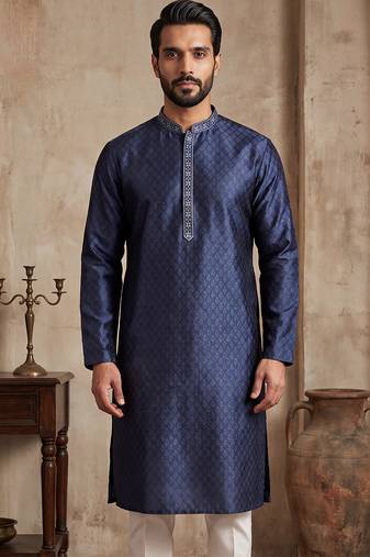 Mens blue jacquard woven design straight kurta with trouser