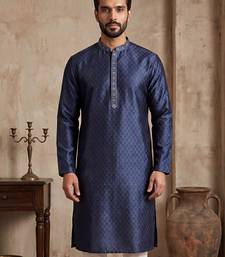 Mens blue jacquard woven design straight kurta with trouser