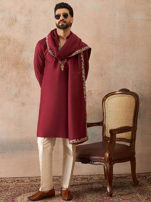 Mens maroon silk blend solid embroidered kurta with dupatta 5