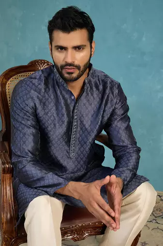 Mens blue jacquard woven design straight kurta with trouser