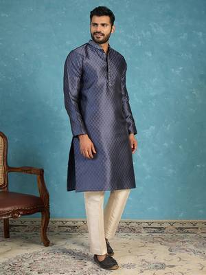 Mens blue jacquard woven design straight kurta with trouser 3
