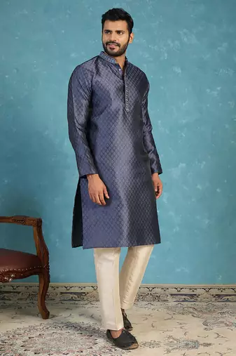 Mens blue jacquard woven design straight kurta with trouser