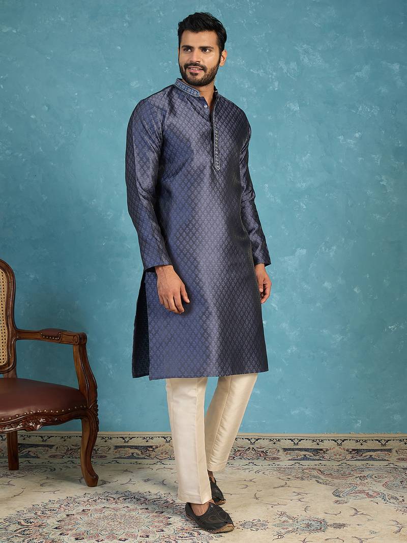 Mens blue jacquard woven design straight kurta with trouser