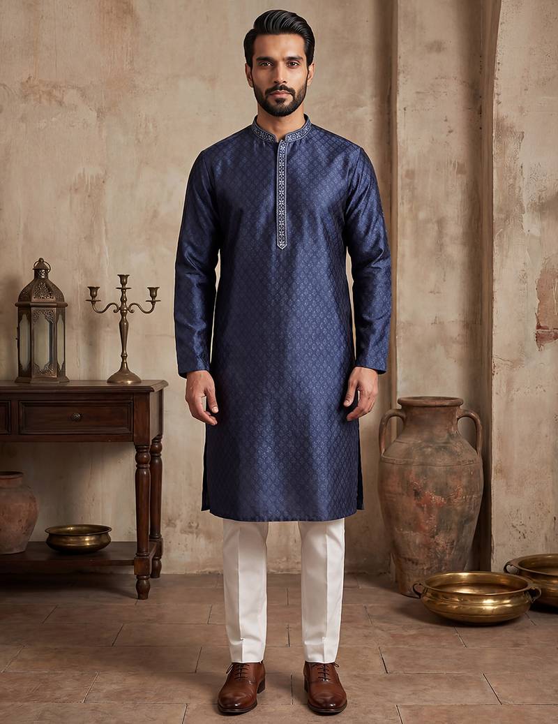 Mens blue jacquard woven design straight kurta with trouser