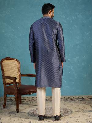 Mens blue jacquard woven design straight kurta with trouser 4