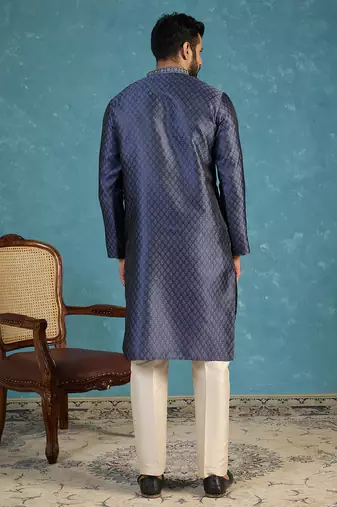 Mens blue jacquard woven design straight kurta with trouser
