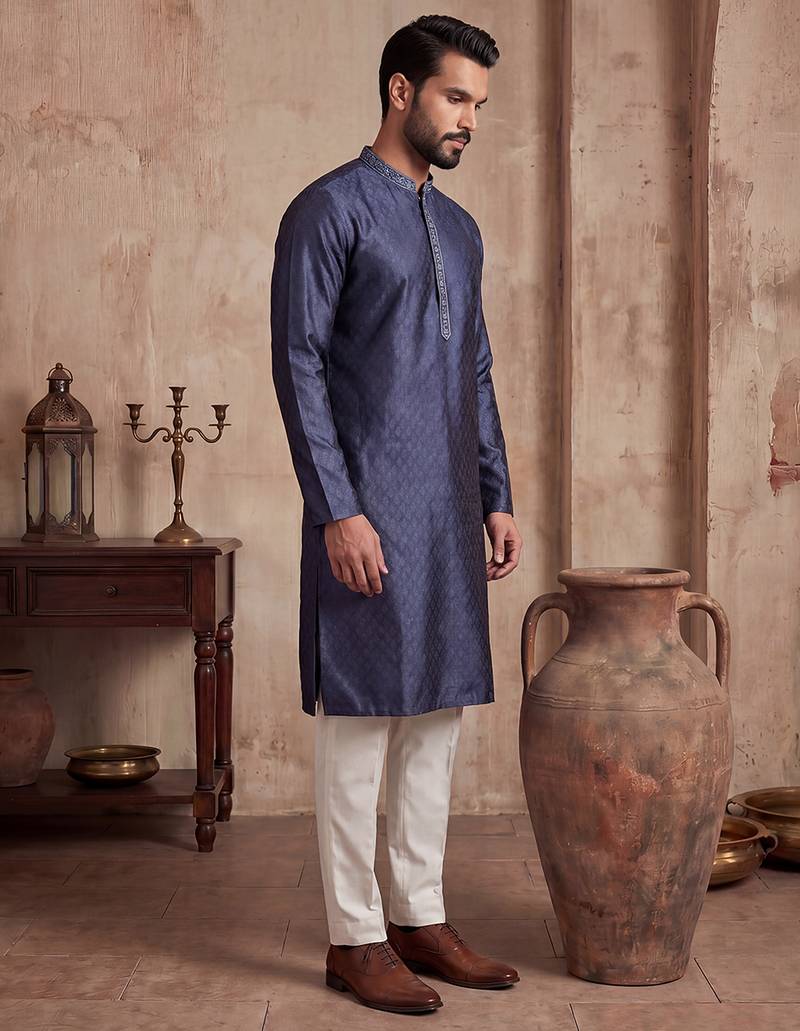Mens blue jacquard woven design straight kurta with trouser