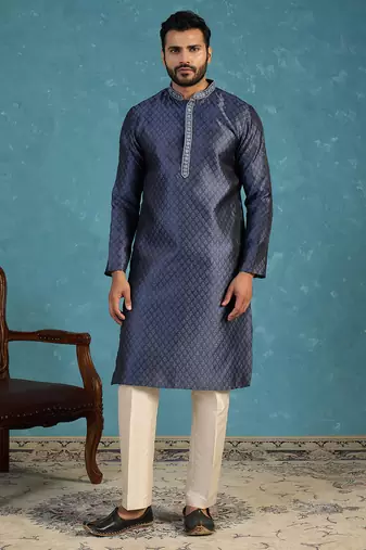 Mens blue jacquard woven design straight kurta with trouser