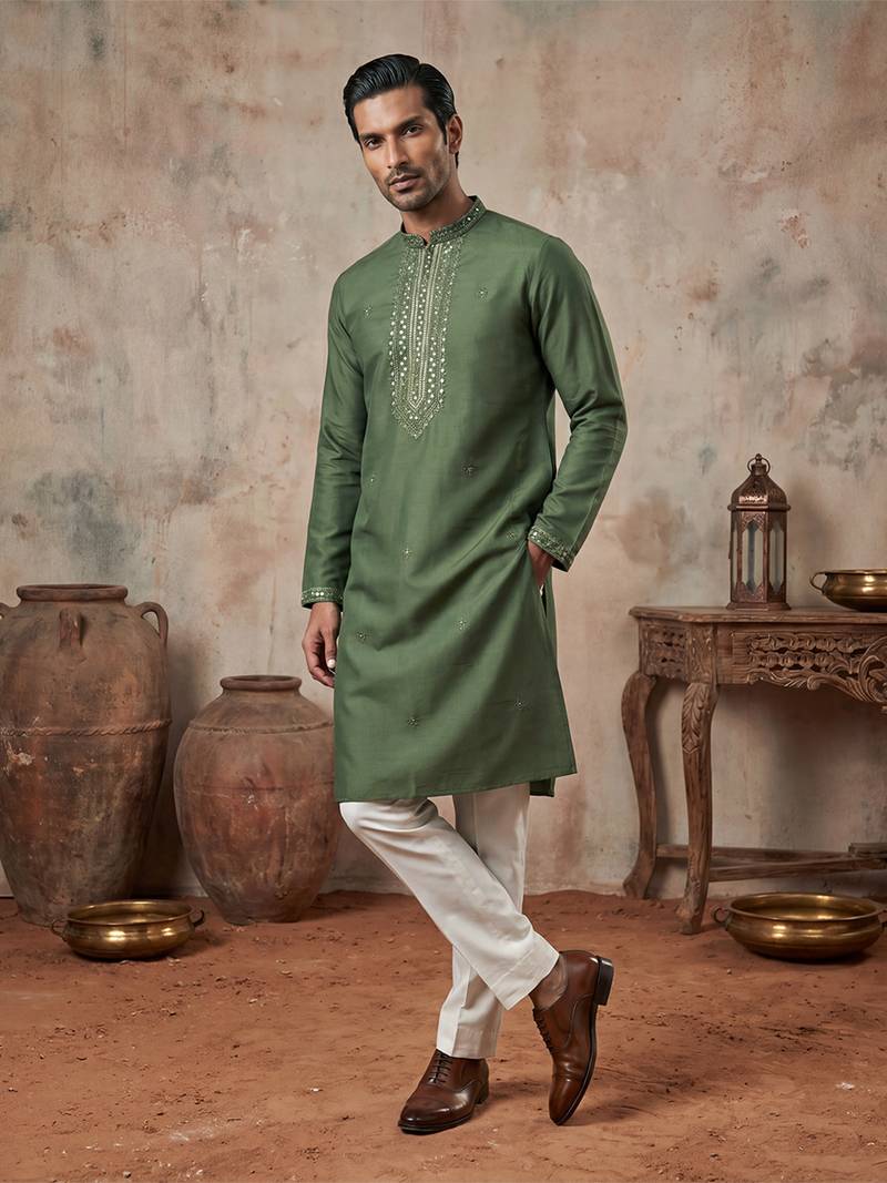 Mens green silk blend solid emboidered sequins kurta with trouser