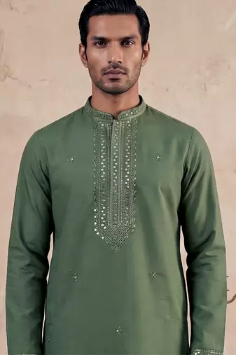 Mens green silk blend solid emboidered sequins kurta with trouser