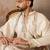 Mens off white silk blend solid embroidered kurta with dupatta