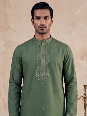 Mens green silk blend solid emboidered sequins kurta with trouser 3