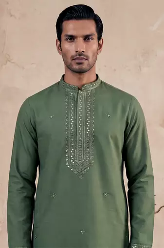 Mens green silk blend solid emboidered sequins kurta with trouser