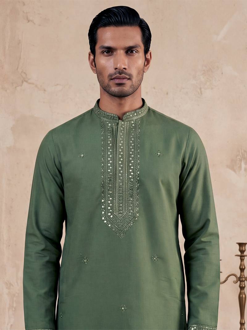 Mens green silk blend solid emboidered sequins kurta with trouser
