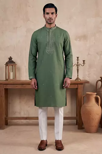 Mens green silk blend solid emboidered sequins kurta with trouser