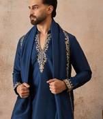 Mens blue silk blend solid embroidered kurta with dupatta