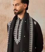 Mens black silk blend solid embroidered kurta with dupatta