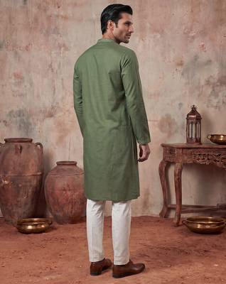 Mens green silk blend solid emboidered sequins kurta with trouser 5