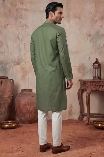 Mens green silk blend solid emboidered sequins kurta with trouser
