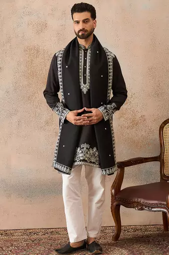 Mens black silk blend solid embroidered kurta with dupatta
