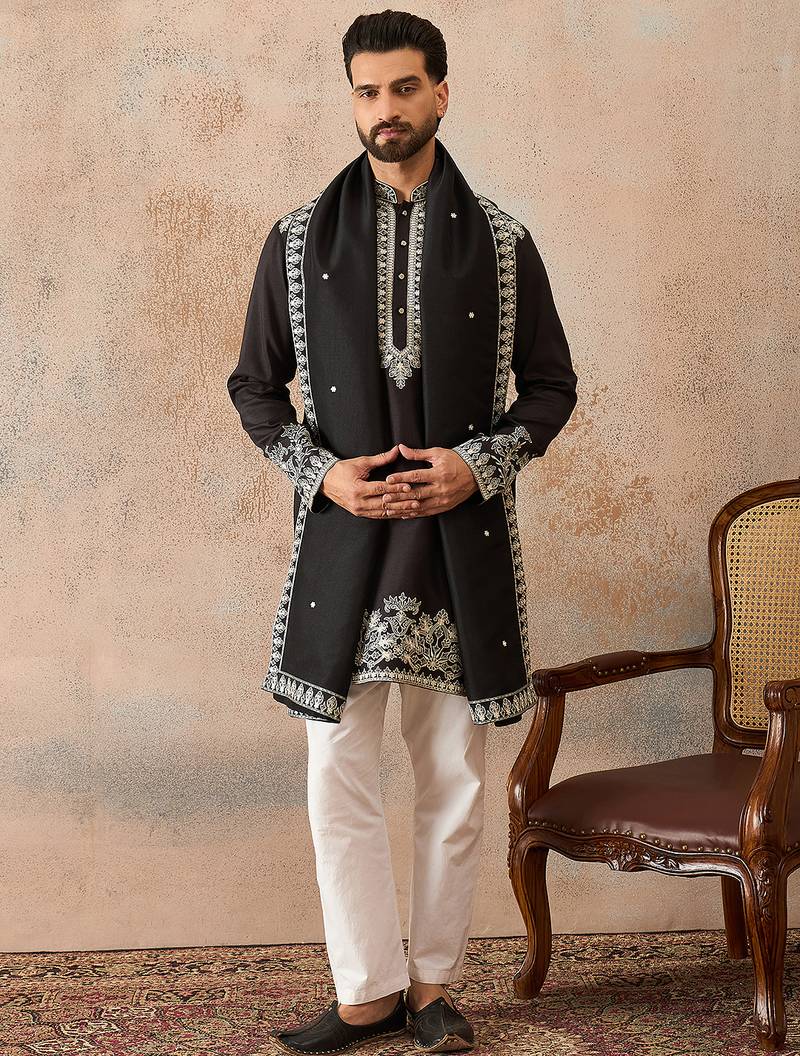 Mens black silk blend solid embroidered kurta with dupatta
