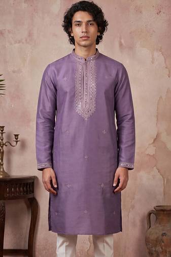 Mens lavender silk blend solid emboidered sequins kurta with trouser