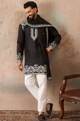 Mens black silk blend solid embroidered kurta with dupatta