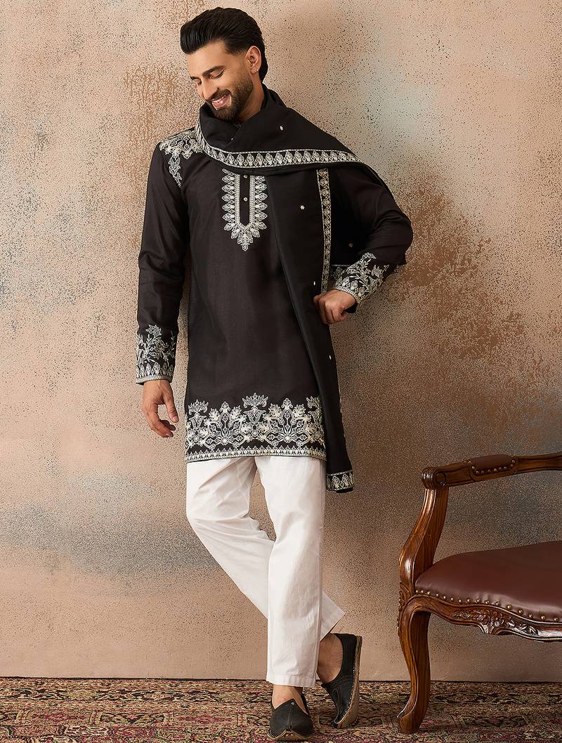 Mens black silk blend solid embroidered kurta with dupatta