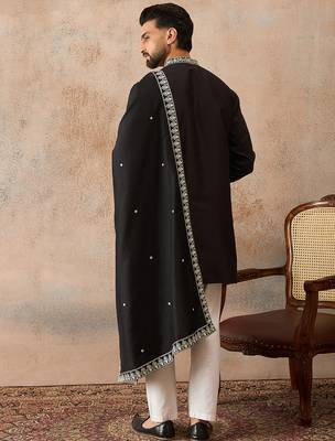 Mens black silk blend solid embroidered kurta with dupatta 4