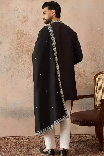 Mens black silk blend solid embroidered kurta with dupatta