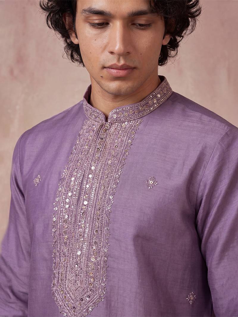 Mens lavender silk blend solid emboidered sequins kurta with trouser