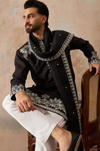Mens black silk blend solid embroidered kurta with dupatta