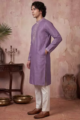 Mens lavender silk blend solid emboidered sequins kurta with trouser