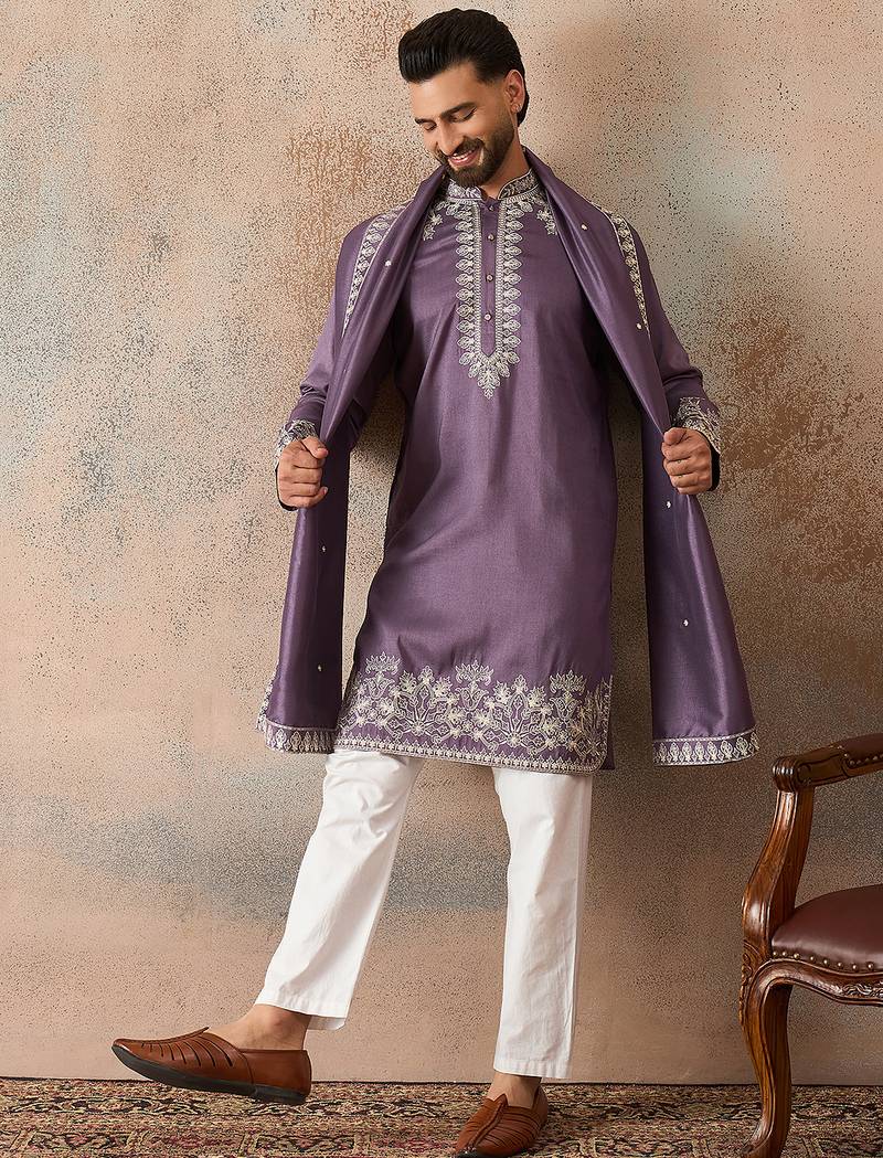 Mens lavender silk blend solid embroidered kurta with dupatta