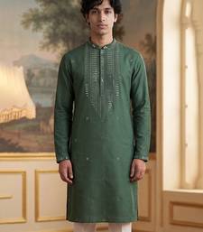 Mens green silk blend solid emboidered sequins kurta with trouser