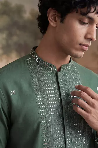 Mens green silk blend solid emboidered sequins kurta with trouser