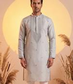 Mens grey silk blend solid emboidered sequins kurta with trouser
