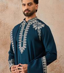 Mens blue silk blend solid embroidered kurta with dupatta
