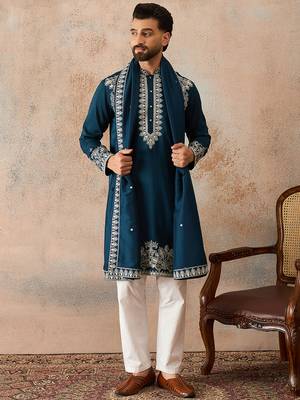 Mens blue silk blend solid embroidered kurta with dupatta 1