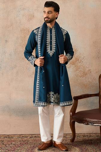 Mens blue silk blend solid embroidered kurta with dupatta