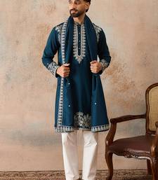 Mens blue silk blend solid embroidered kurta with dupatta