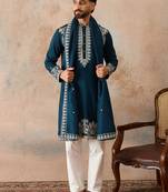 Mens blue silk blend solid embroidered kurta with dupatta