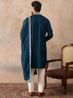 Mens blue silk blend solid embroidered kurta with dupatta 4