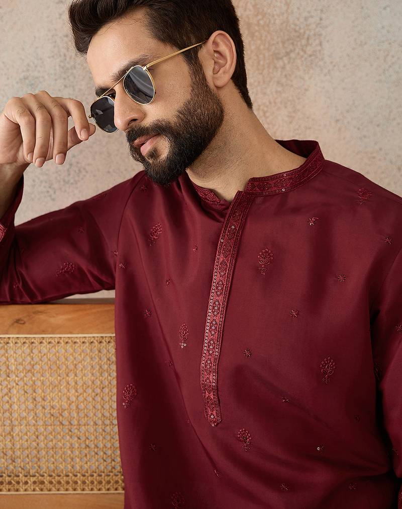 Mens maroon silk blend solid emboidered straight kurta with trouser